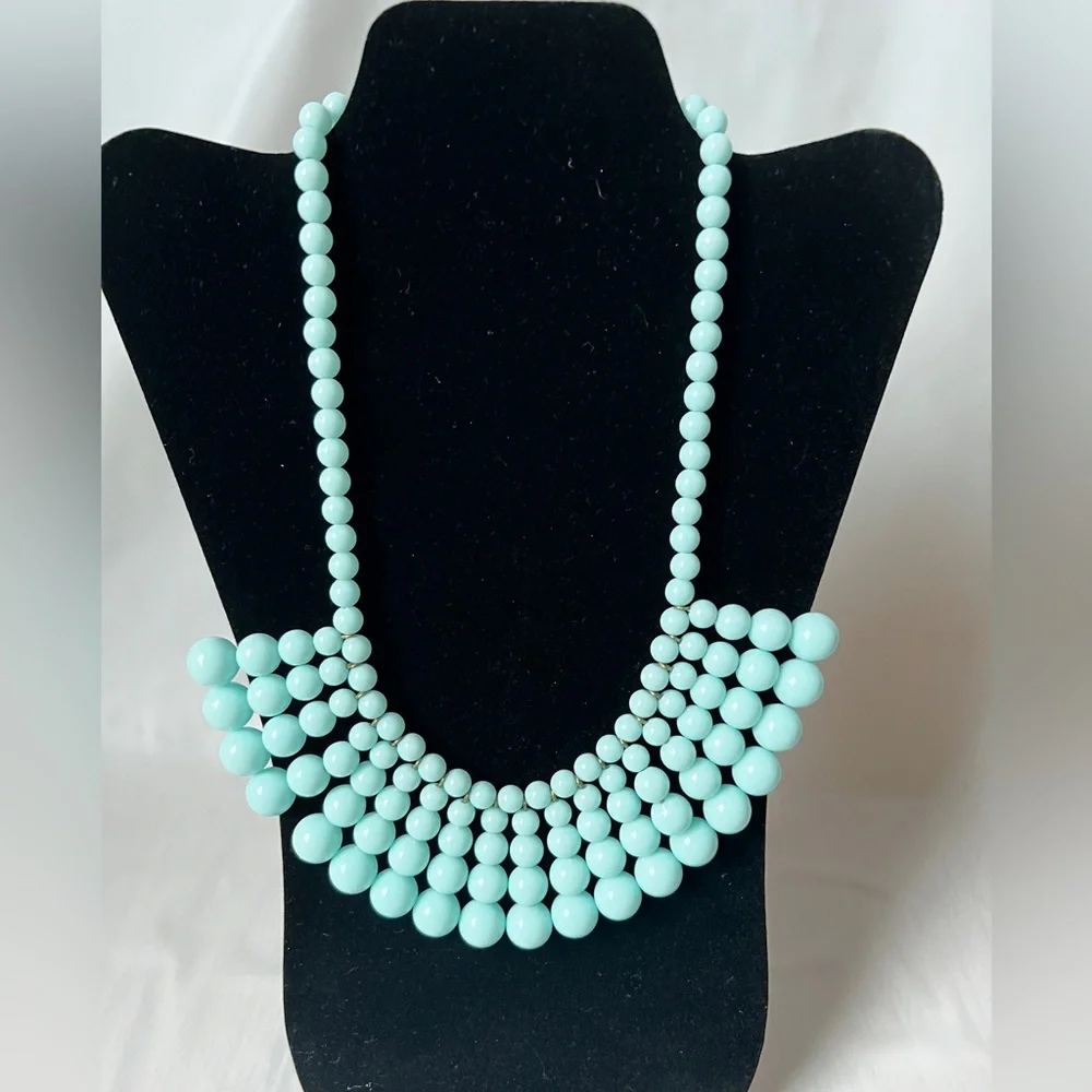 J. Crew Aqua Blue Necklace Beaded Bib statement Graduated Ball Marked nWOT